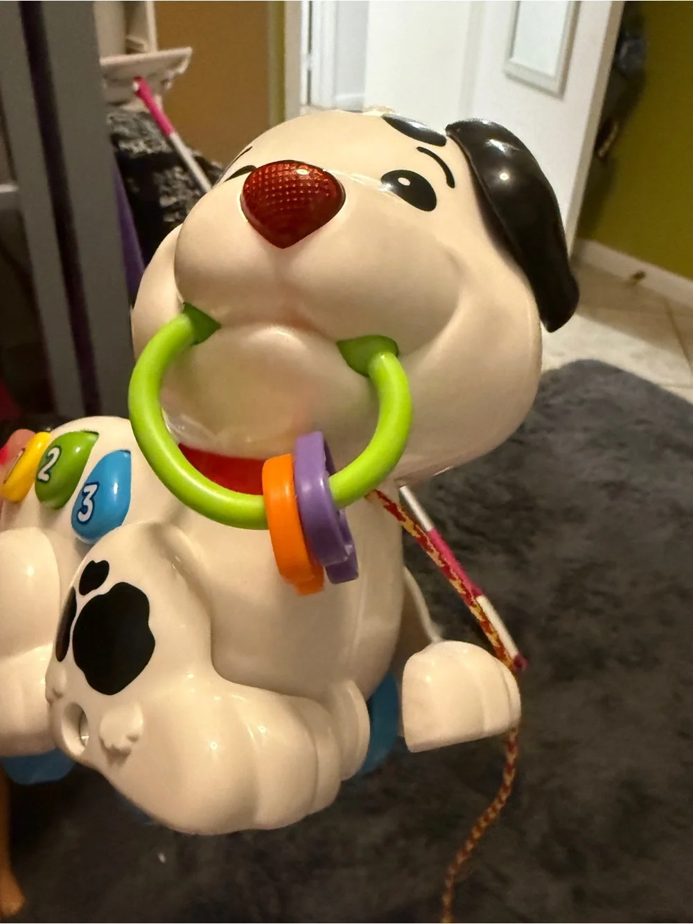 Vintage VTech Pull & Sing Puppy Toy - White with Black Spots